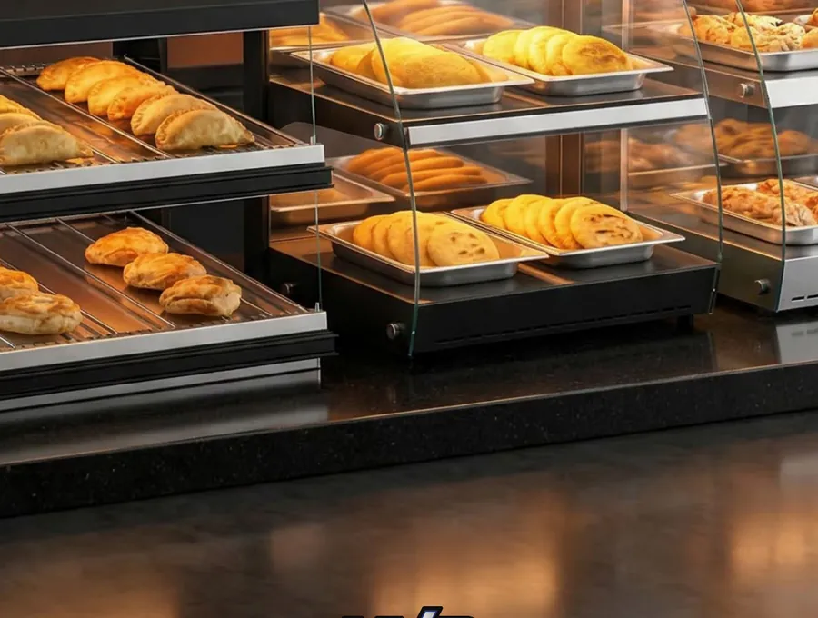 Vitrina caliente Sierra SHDM con producto de panadería