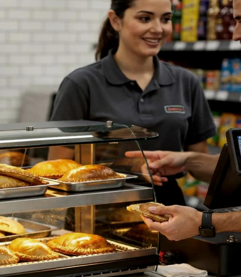 Operadora atendiendo a un cliente sobre una vitrina caliente Sierra en una tienda de conveniencia